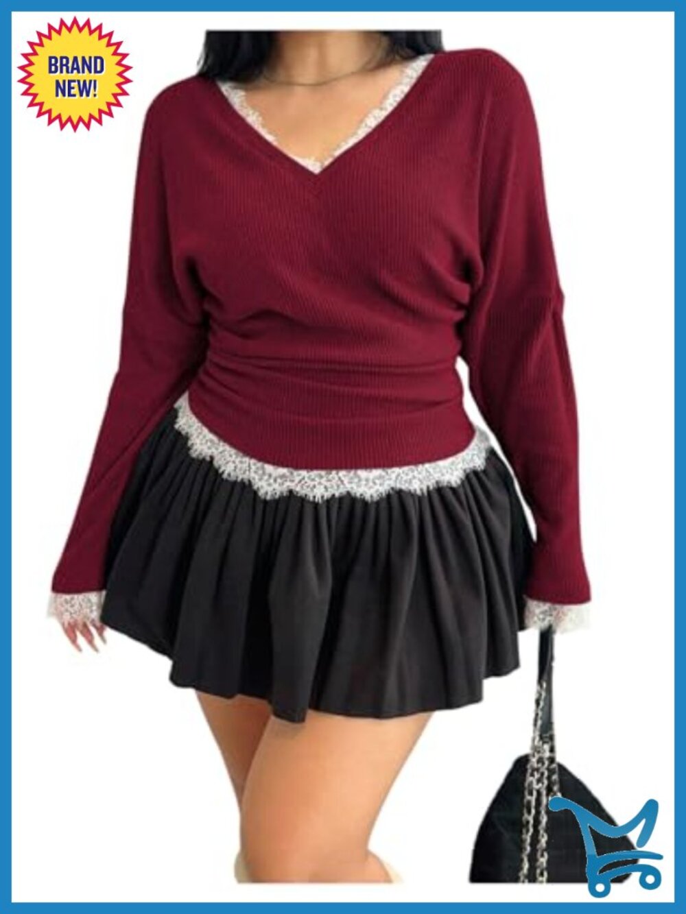 Plus Size Long Sleeve Lace V-Neck Fitted Top Y2k Ruched Tee